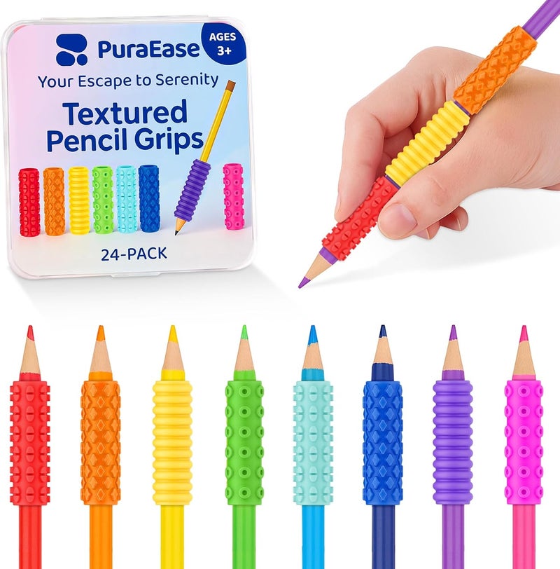 PuraEase Textured Pencil Grips for Kids, Teens & Adults – 24PC Sensory Fidget Toys for ADHD, Autism, Anxiety & Stress Relief - Ideal for Teachers as Educational Tools or Classroom Rewards - Image 1